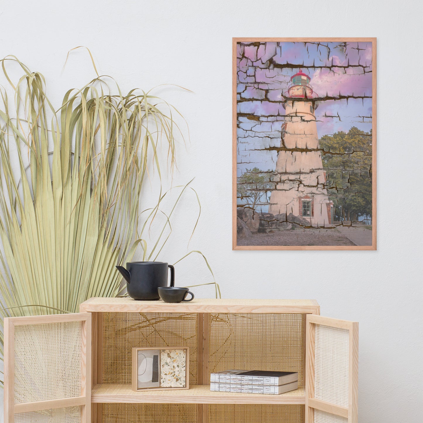 Faux Wood Texture Marblehead Lighthouse at Sunset Framed Photo Paper Wall Art Prints