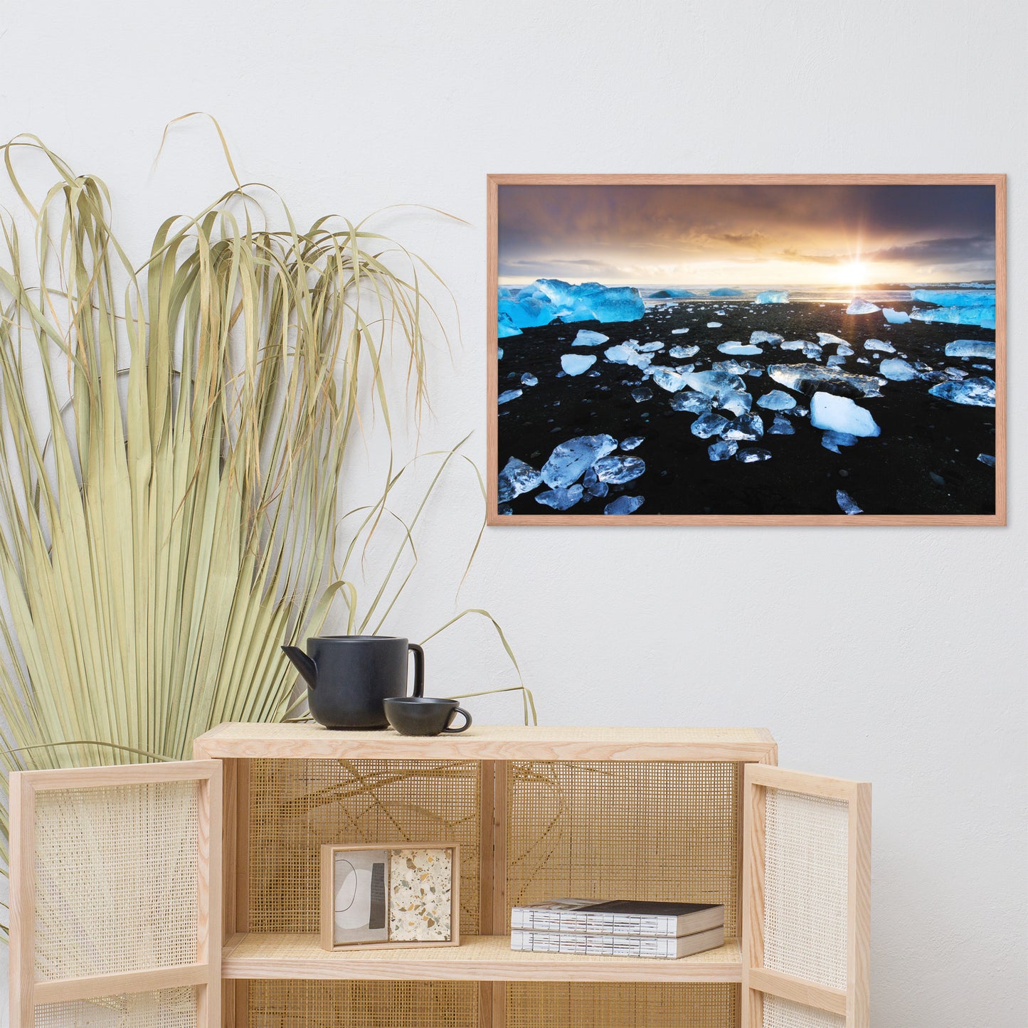 Fire and Ice Black Sand Sunset Coastal Landscape Framed Photo Paper Wall Art Prints