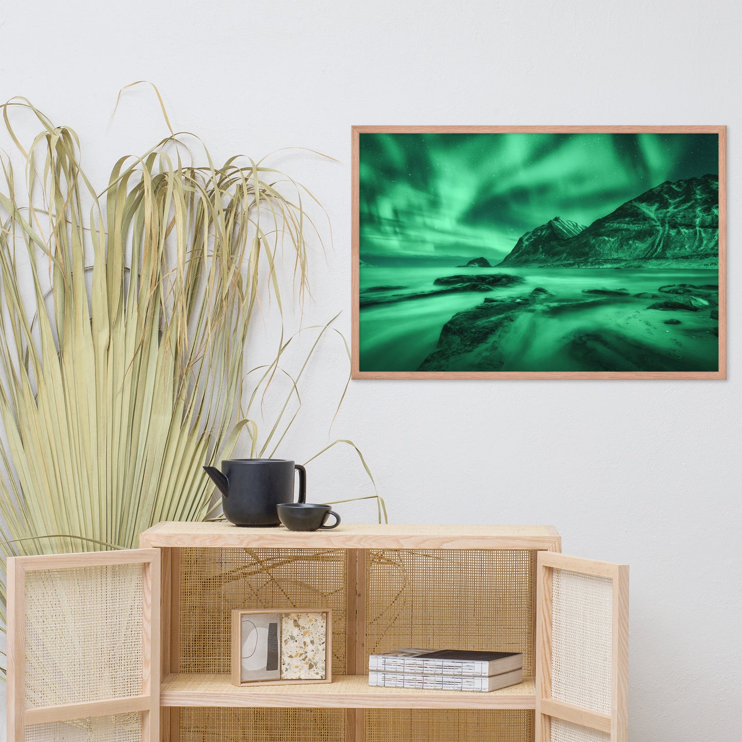 Green Northern Lights and Mountain Coast Framed Wall Art Prints