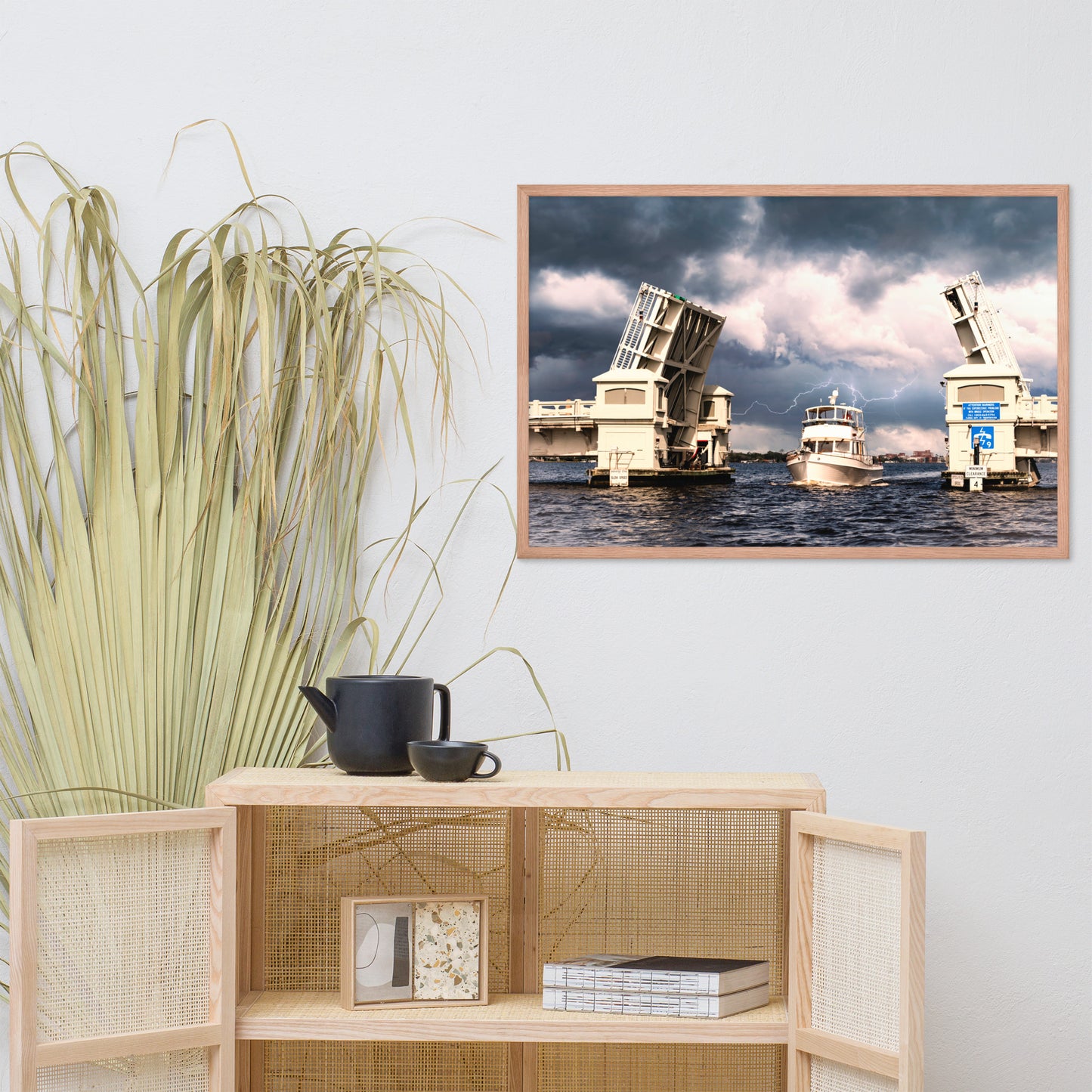 Stormy Drawbridge and Boat Racing Towards the Sun Coastal Landscape Photograph Framed Wall Art Print