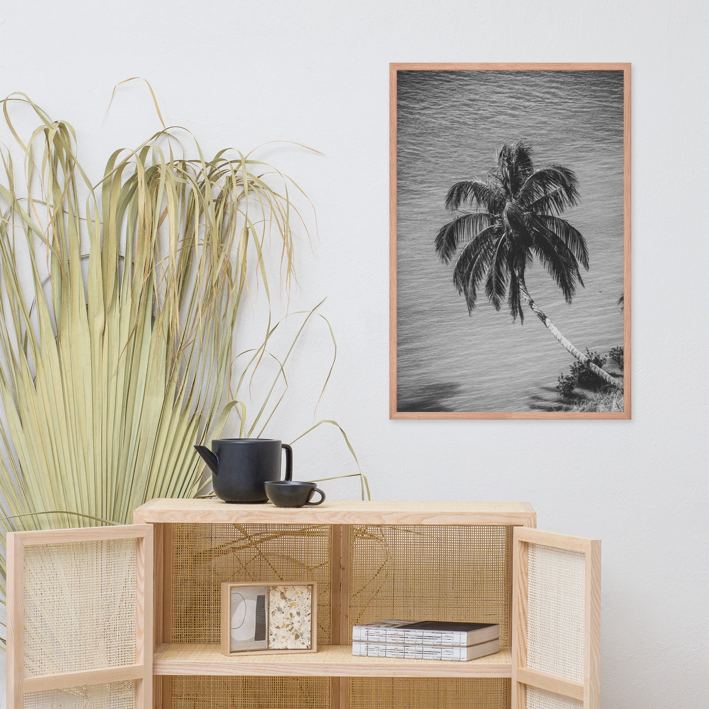Palm Over Water Black and White Botanical Nature Photo Framed Wall Art Print
