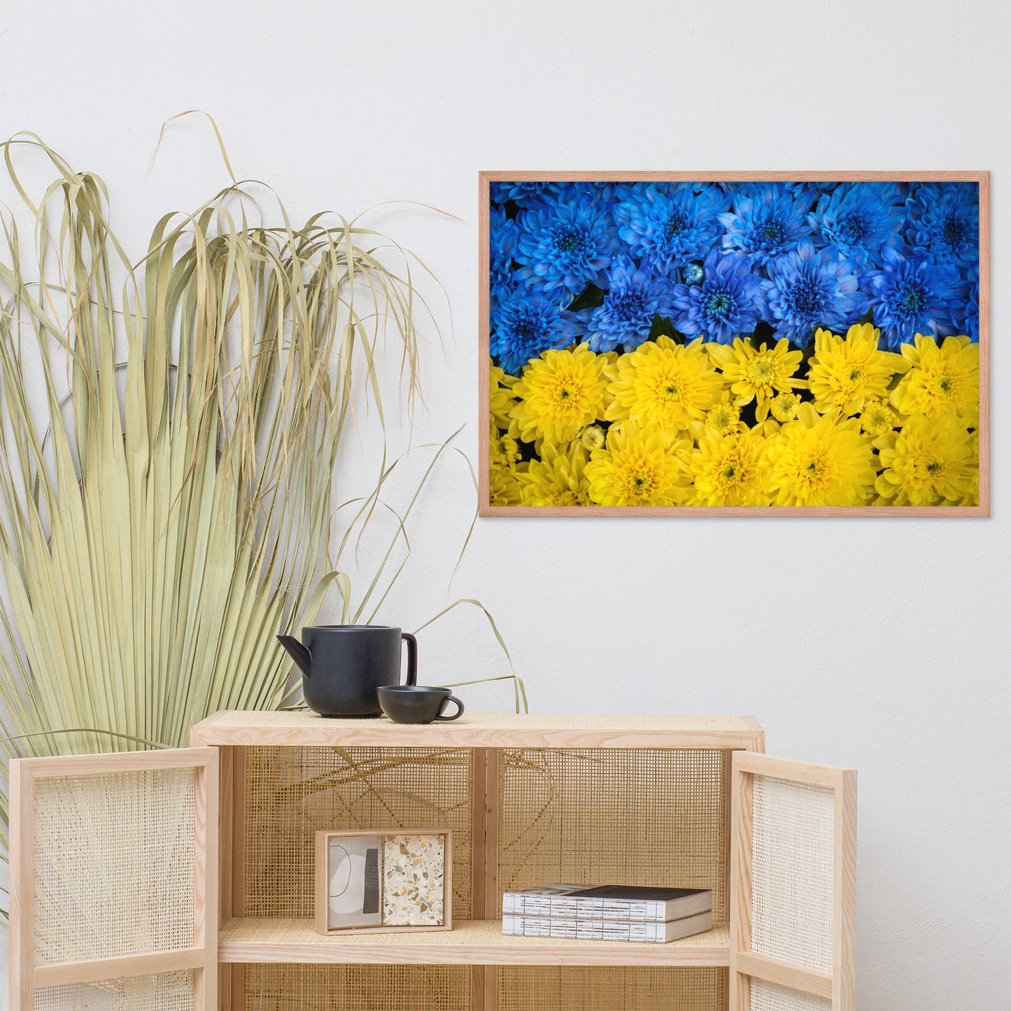 Blue and Yellow Chrysanthemums For Ukraine Refugees Nature Photo Framed Wall Art Print