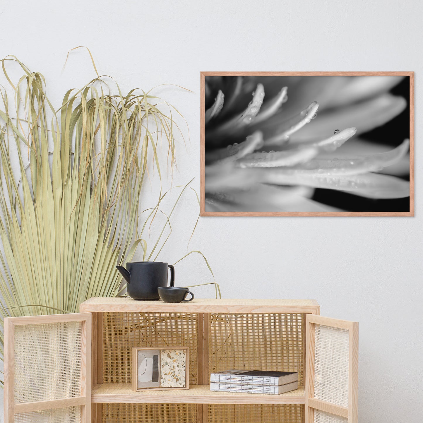 Droplets on Petals Black and White Floral Nature Photo Framed Wall Art Print