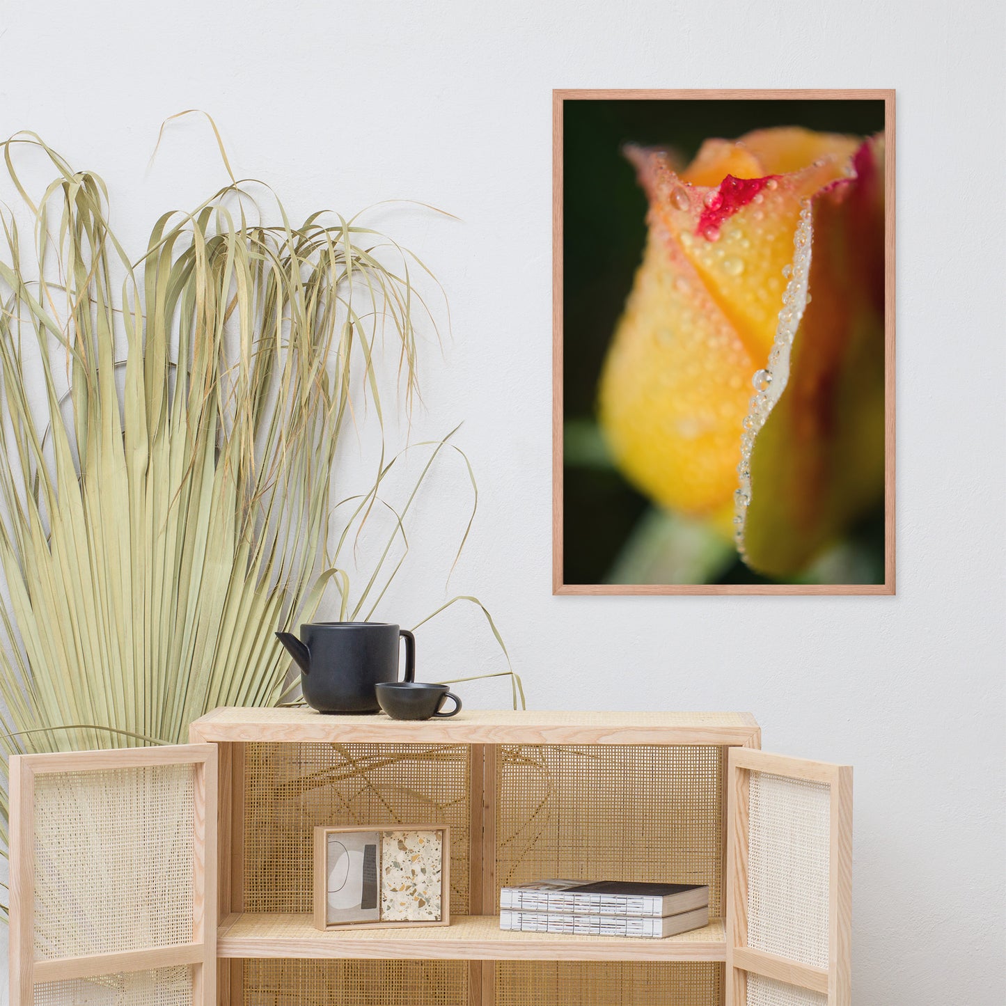 Dew on Yellow Rose Floral Nature Photo Framed Wall Art Print