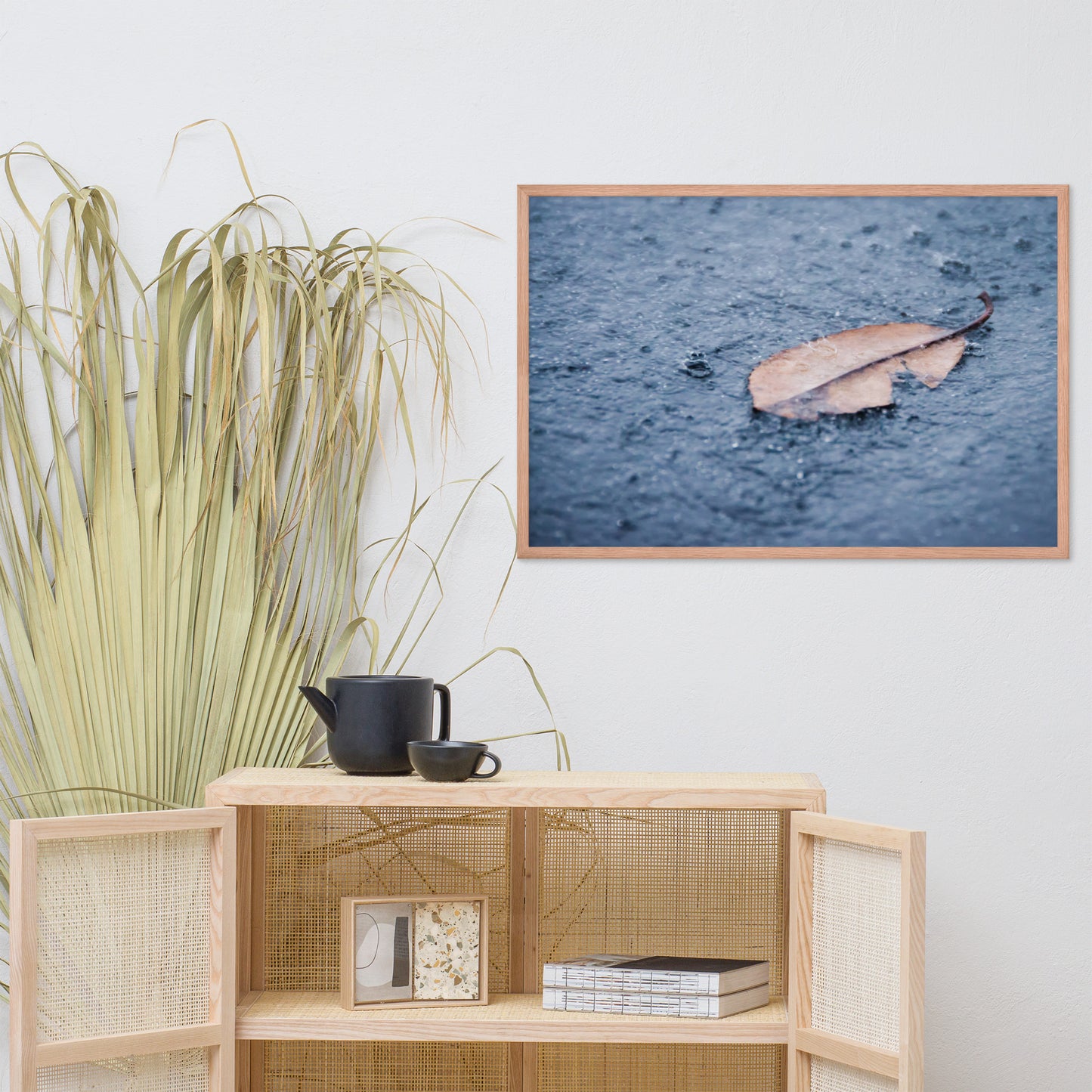 Fallen Leaf in The Rain Color Botanical Nature Photo Framed Wall Art Print