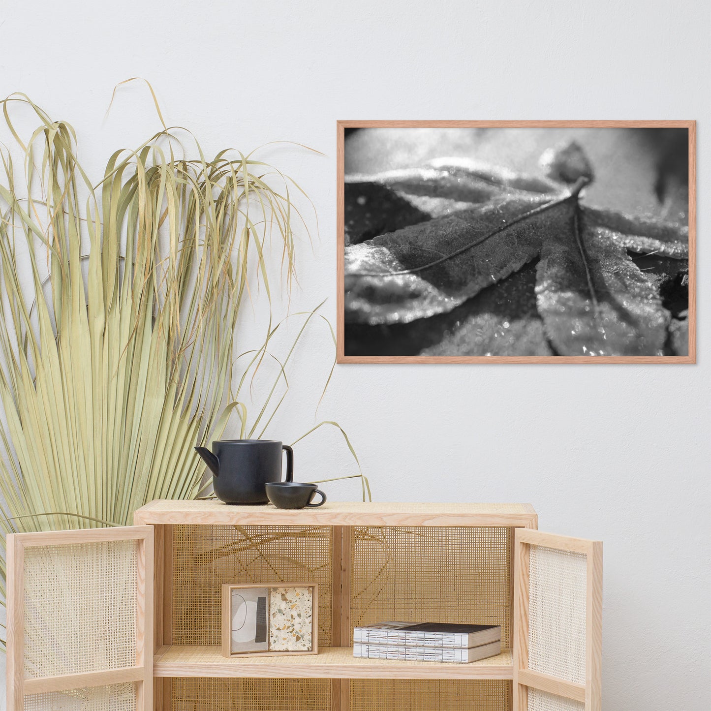 Frost Covered Leaf Black and White Botanical Nature Photo Framed Wall Art Print