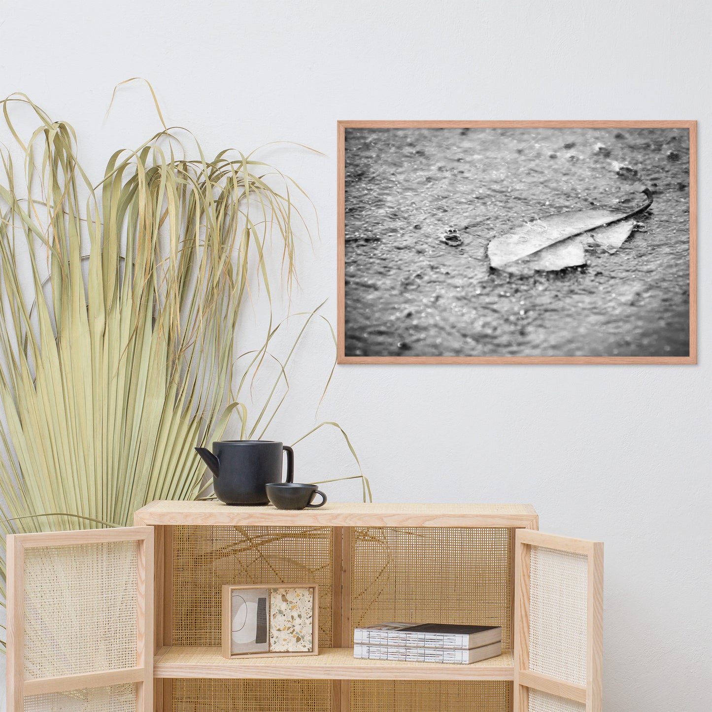 Fallen Leaf in The Rain Black and White Botanical Nature Photo Framed Wall Art Print