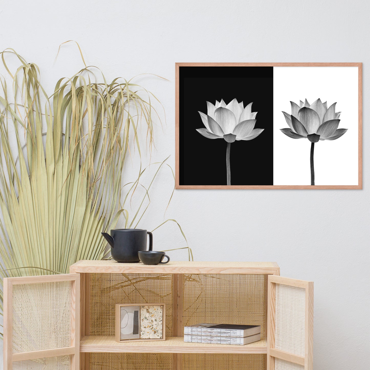 Lotus Flower on Black and White Background Floral Nature Framed Photo Paper Poster