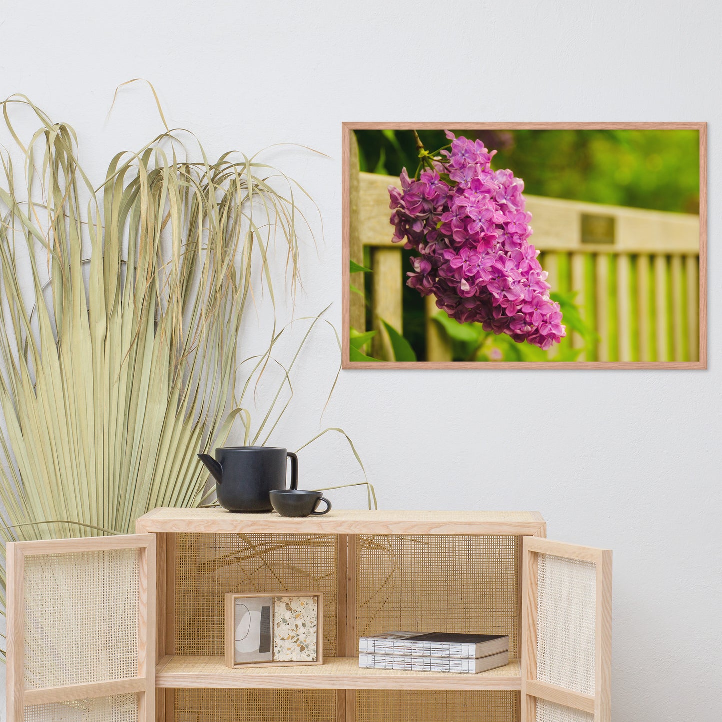 Park Bench with Lilac Floral Nature Photo Framed Wall Art Print