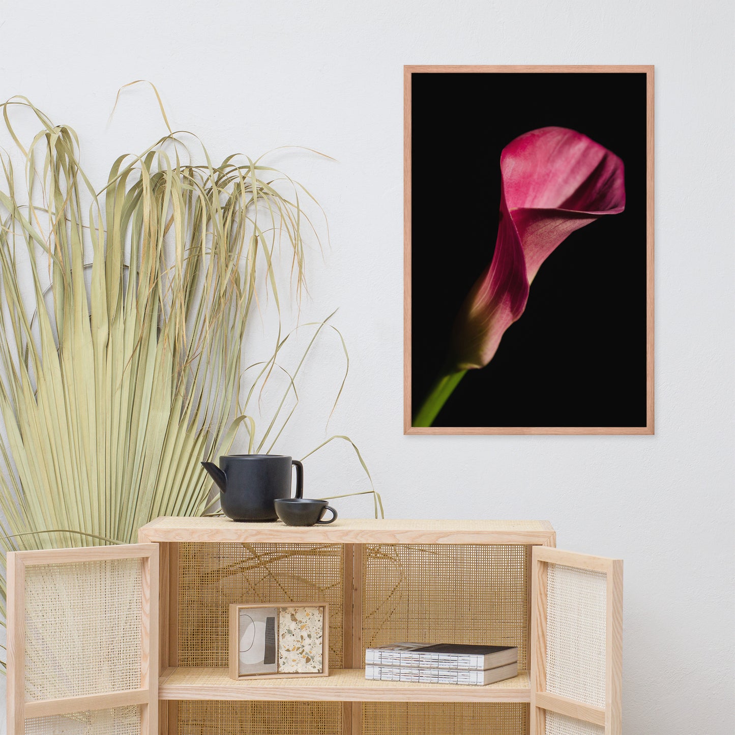 Pink Calla Lily Flower on Black Floral Nature Photo Framed Wall Art Print