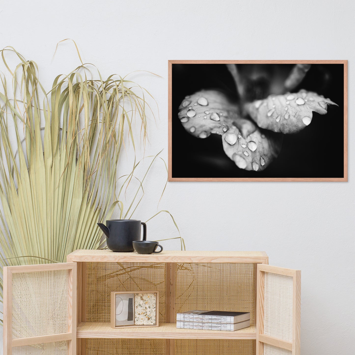 Raindrops on Wild Rose Black and White Floral Nature Photo Framed Wall Art Print