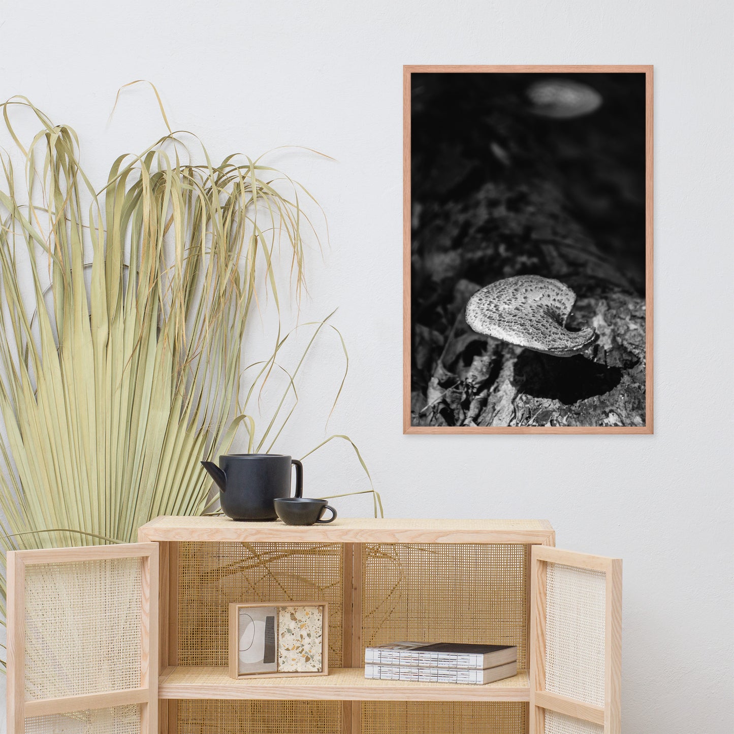 Botany Prints For Wall: Mushroom on Log in Black & White Rustic / Country Style Nature Photo Framed Wall Art Print