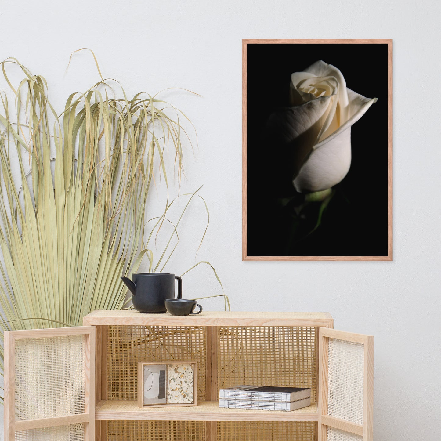 White Rose Low Key Floral Nature Photo Framed Wall Art Print