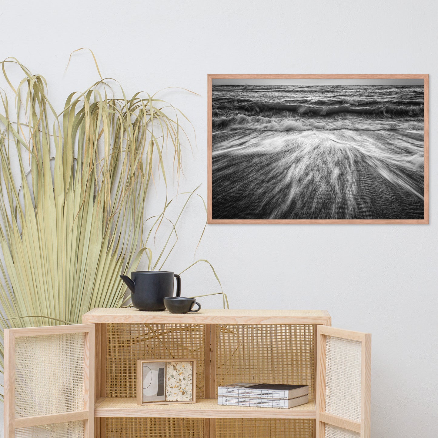 Washing Out to Sea Black and White Coastal Nature Photo Framed Wall Art Print