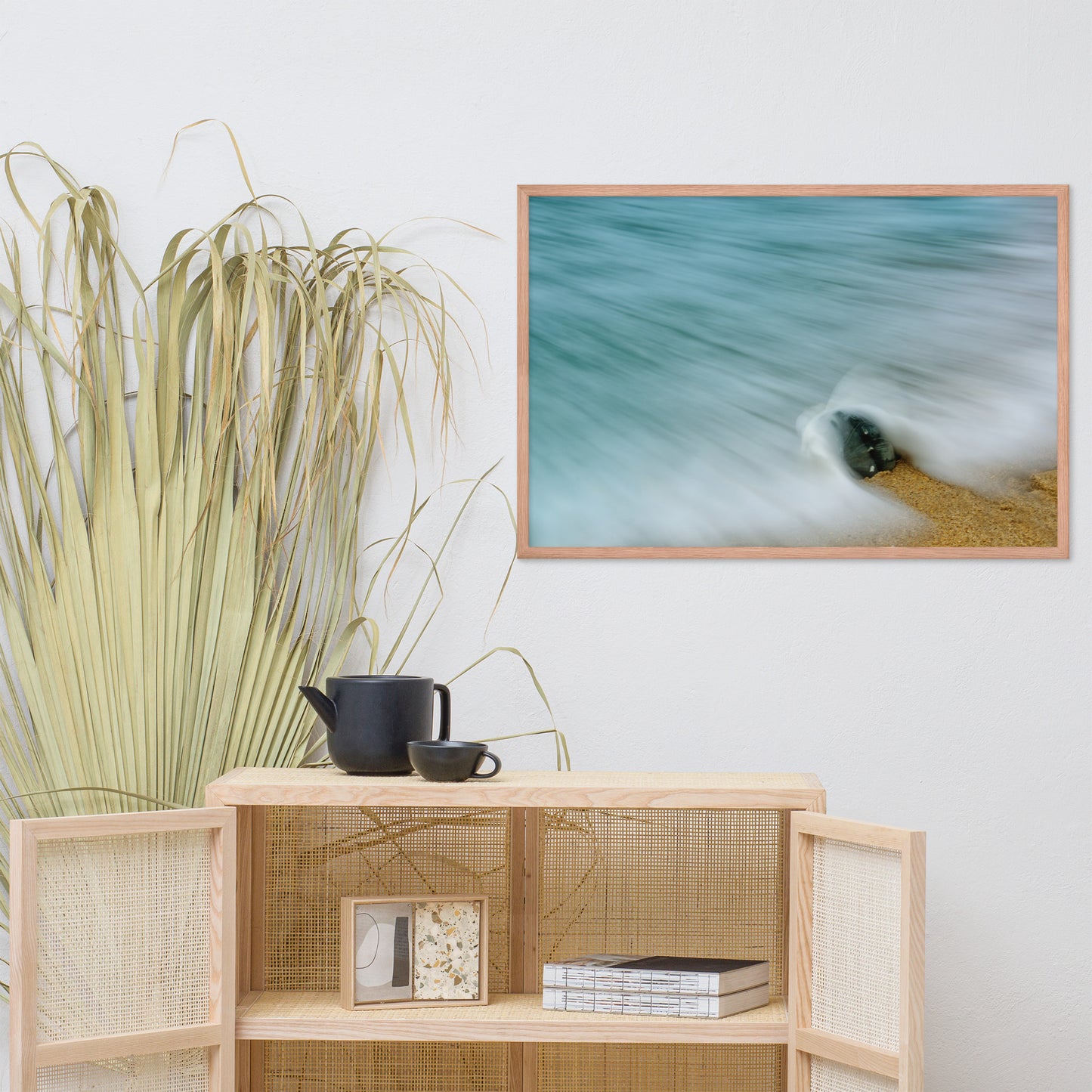 Whelk Seashell and Misty Wave Coastal Nature Photo Framed Wall Art Print