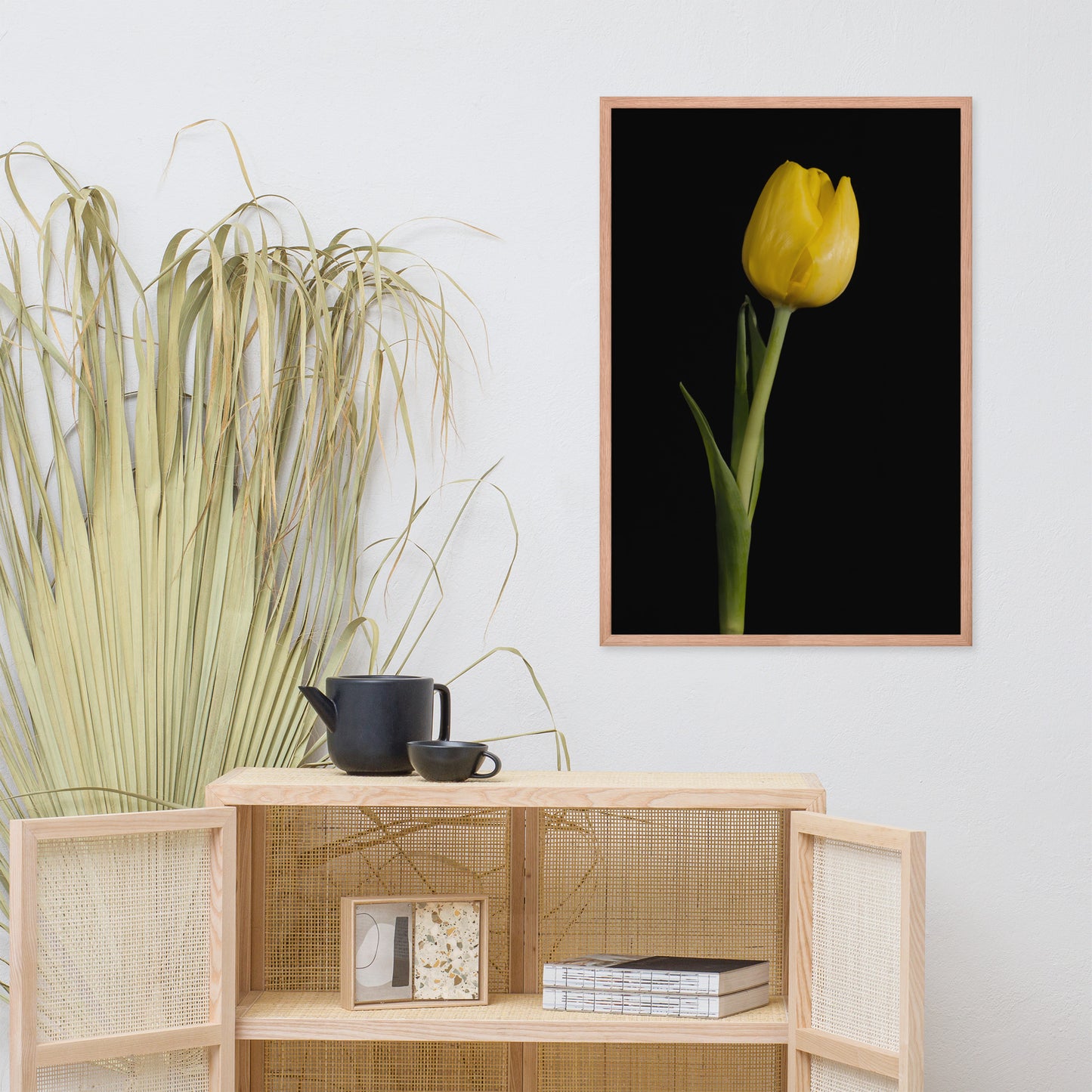 Yellow Tulip on Black Floral Nature Photo Framed Wall Art Print