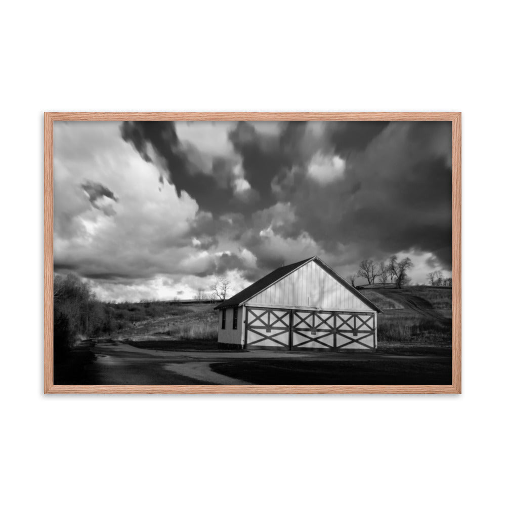 Art Print For Sale: Aging Barn in the Morning Sun in Black and White - Rural / Country Style Landscape / Nature Photograph Framed Wall Art Print - Wall Decor - Artwork