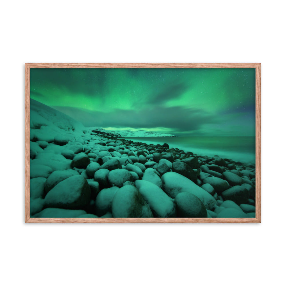 Best Gym Wall Art: Aurora Borealis Over Ocean in Teriberka Night - Coastal / Beach / Seascape / Nature / Landscape Photo Framed Wall Art Print - Artwork