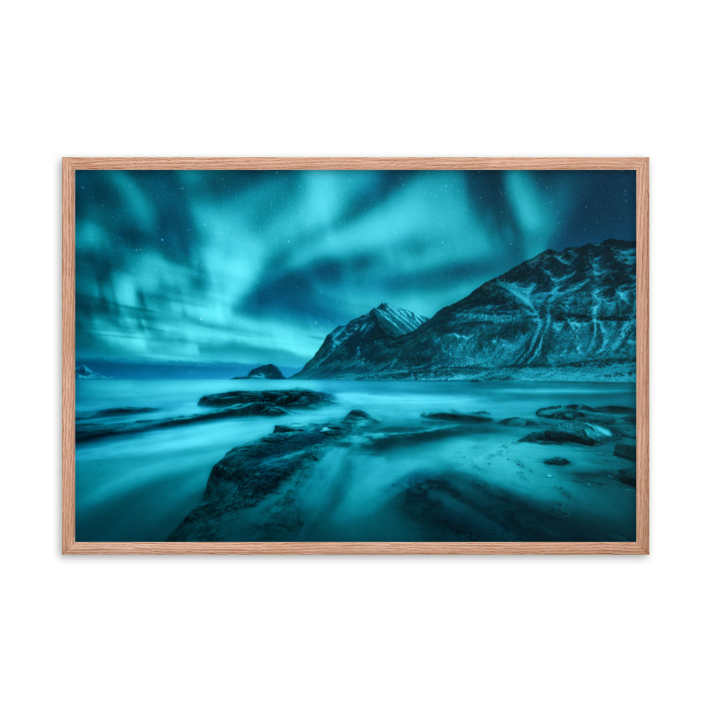 Blue Northern Lights and Mountain Coast Framed Wall Art Prints