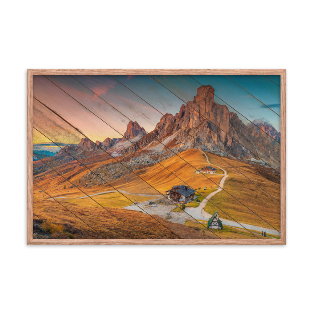 Faux Wood Majestic Sunset & Alpine Mountain Framed Photo Paper Wall Art Prints