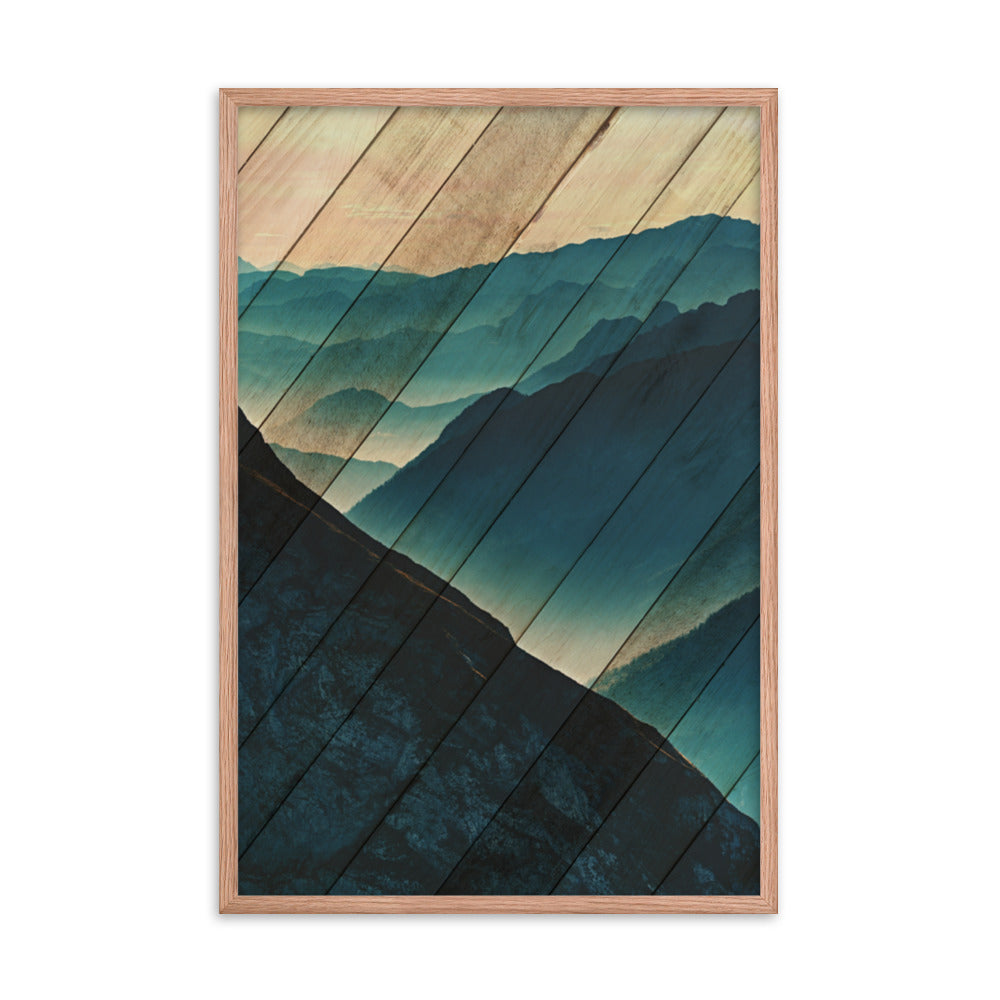 Faux Wood Misty Blue Silhouette Mountain Range Landscape Framed Photo Paper Wall Art Prints