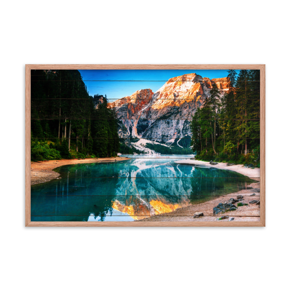 Faux Wood Misty Lake and Snowcap Mountain Reflections Framed Photo Paper Wall Art Prints