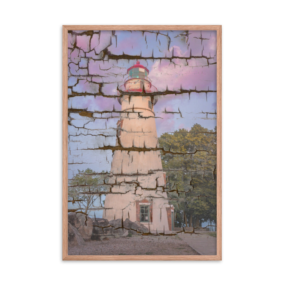 Faux Wood Texture Marblehead Lighthouse at Sunset Framed Photo Paper Wall Art Prints