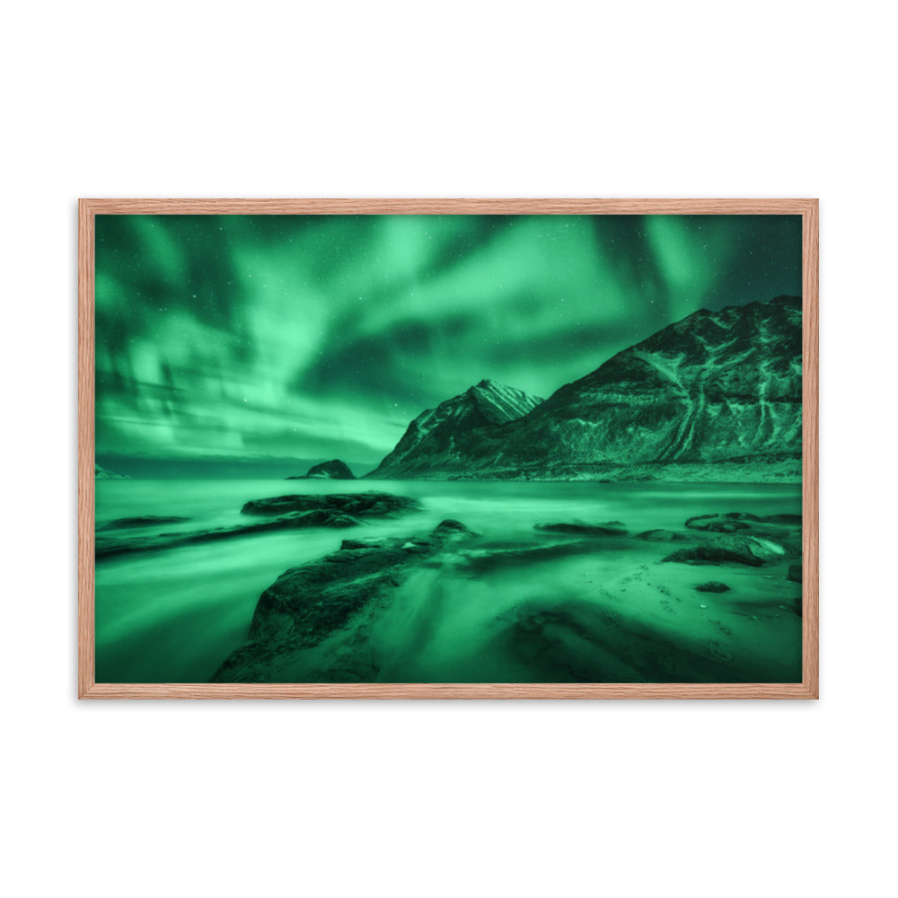 Green Northern Lights and Mountain Coast Framed Wall Art Prints