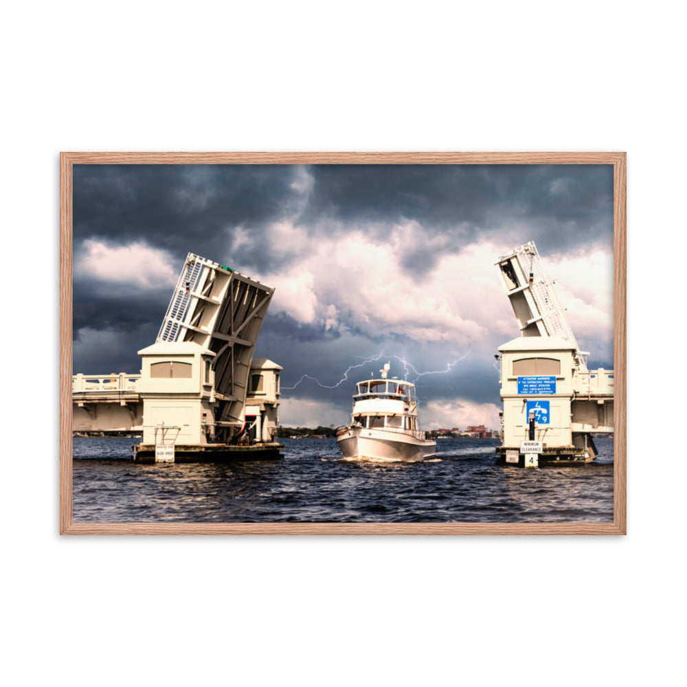 Stormy Drawbridge and Boat Racing Towards the Sun Coastal Landscape Photograph Framed Wall Art Print