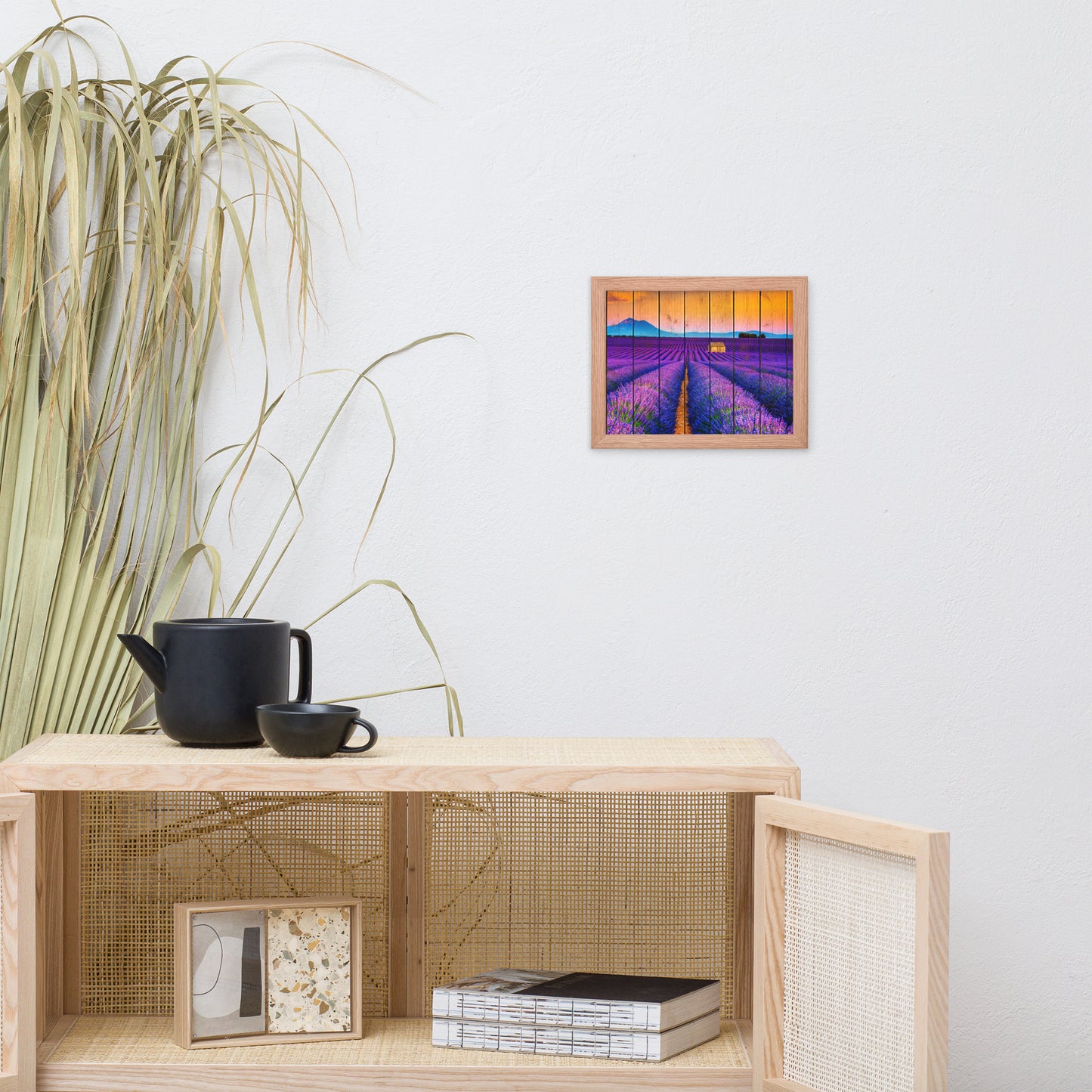 Faux Wood Lavender Fields and Sunset Landscape Framed Photo Paper Wall Art Prints