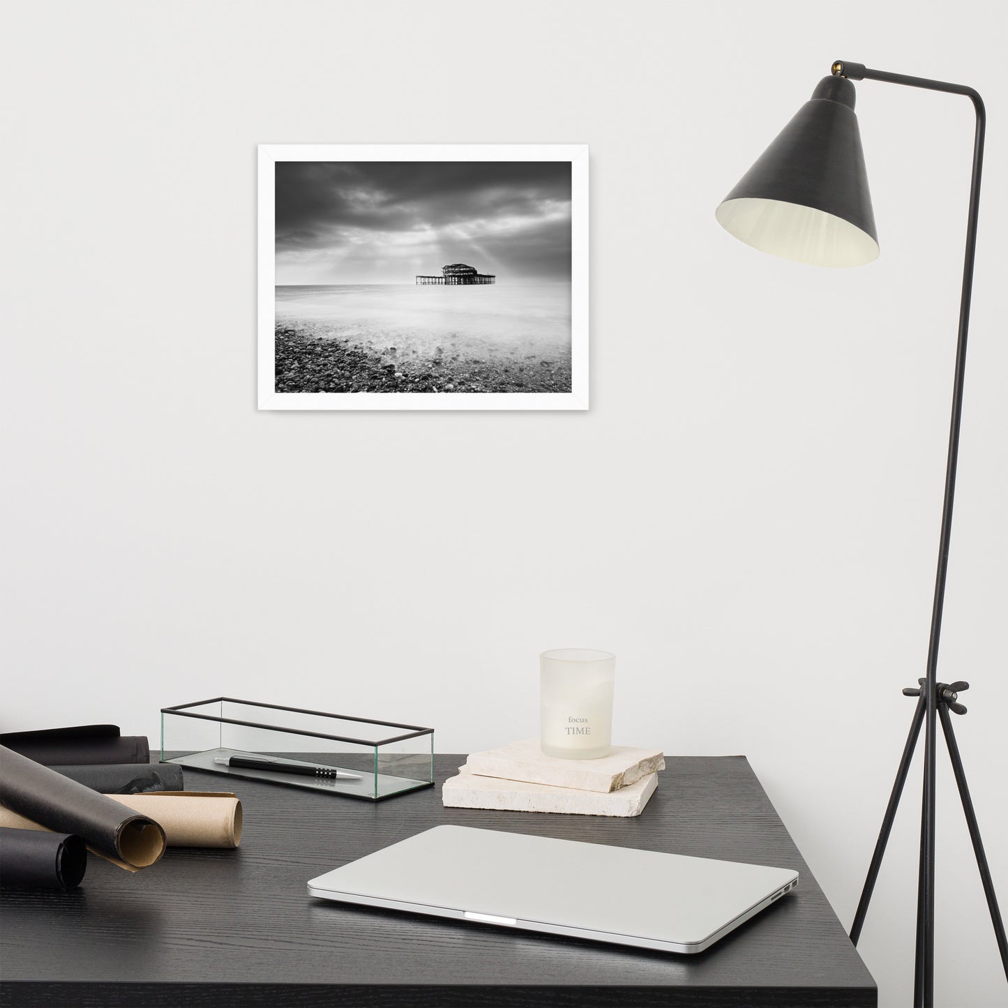 Best Wall Art For Office: Abandoned West Pier Coastal Seascape Landscape Black and White Photograph Framed Wall Art Print