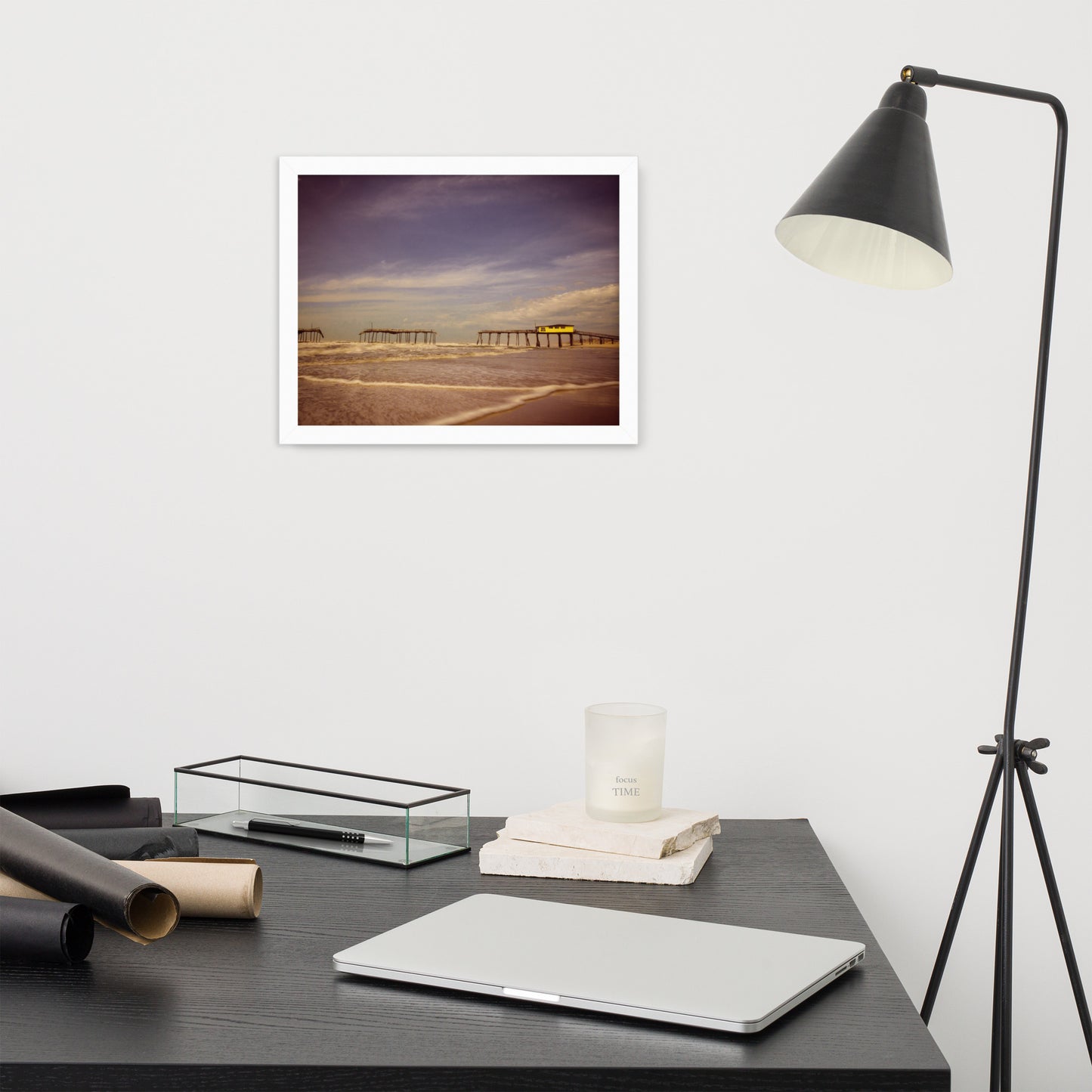 Wall Art For Desk: Aged View of Frisco Pier Beach / Coastal / Seascape / Rustic / Nature / Landscape Photograph Framed Wall Art Print - Wall Decor - Artwork
