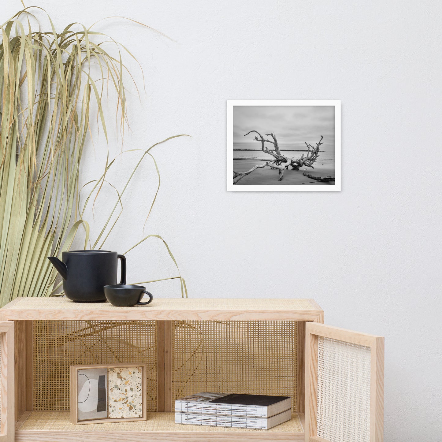 Driftwood on Boneyard Beach Florida 3 Black and White Rustic Coastal Landscape Photo Framed Wall Art Print