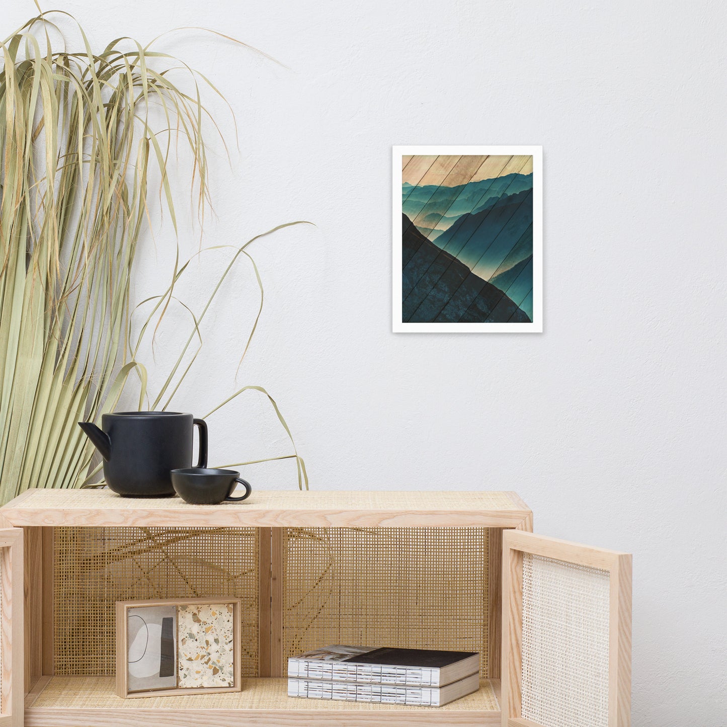 Faux Wood Misty Blue Silhouette Mountain Range Landscape Framed Photo Paper Wall Art Prints