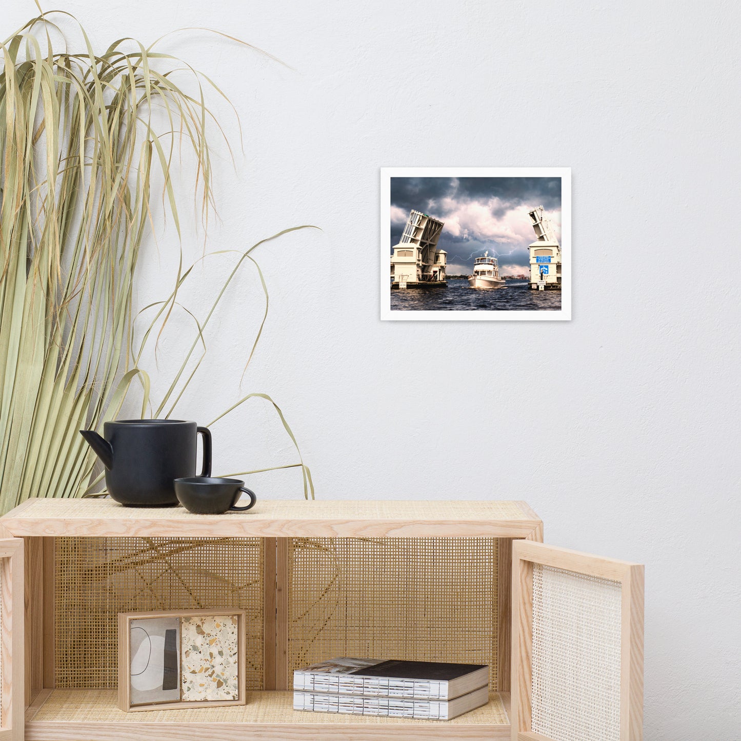 Stormy Drawbridge and Boat Racing Towards the Sun Coastal Landscape Photograph Framed Wall Art Print