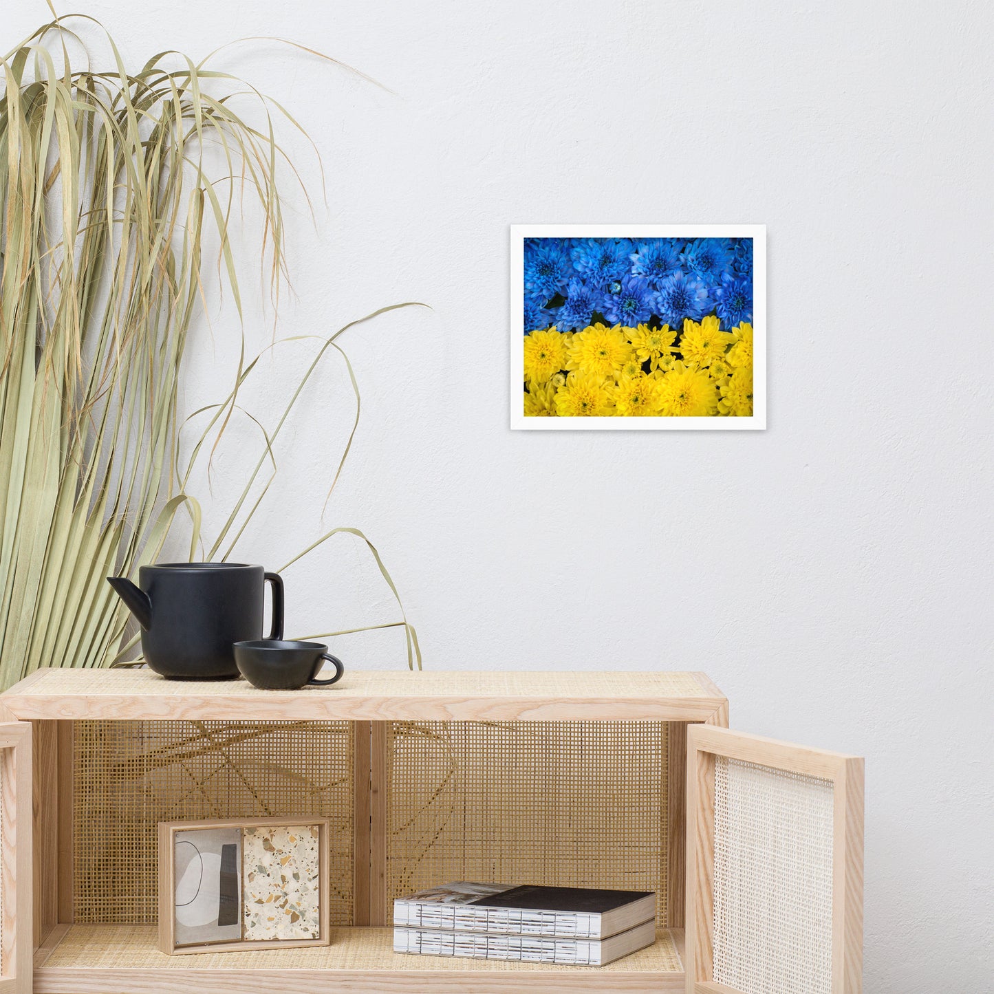 Blue and Yellow Chrysanthemums For Ukraine Refugees Nature Photo Framed Wall Art Print