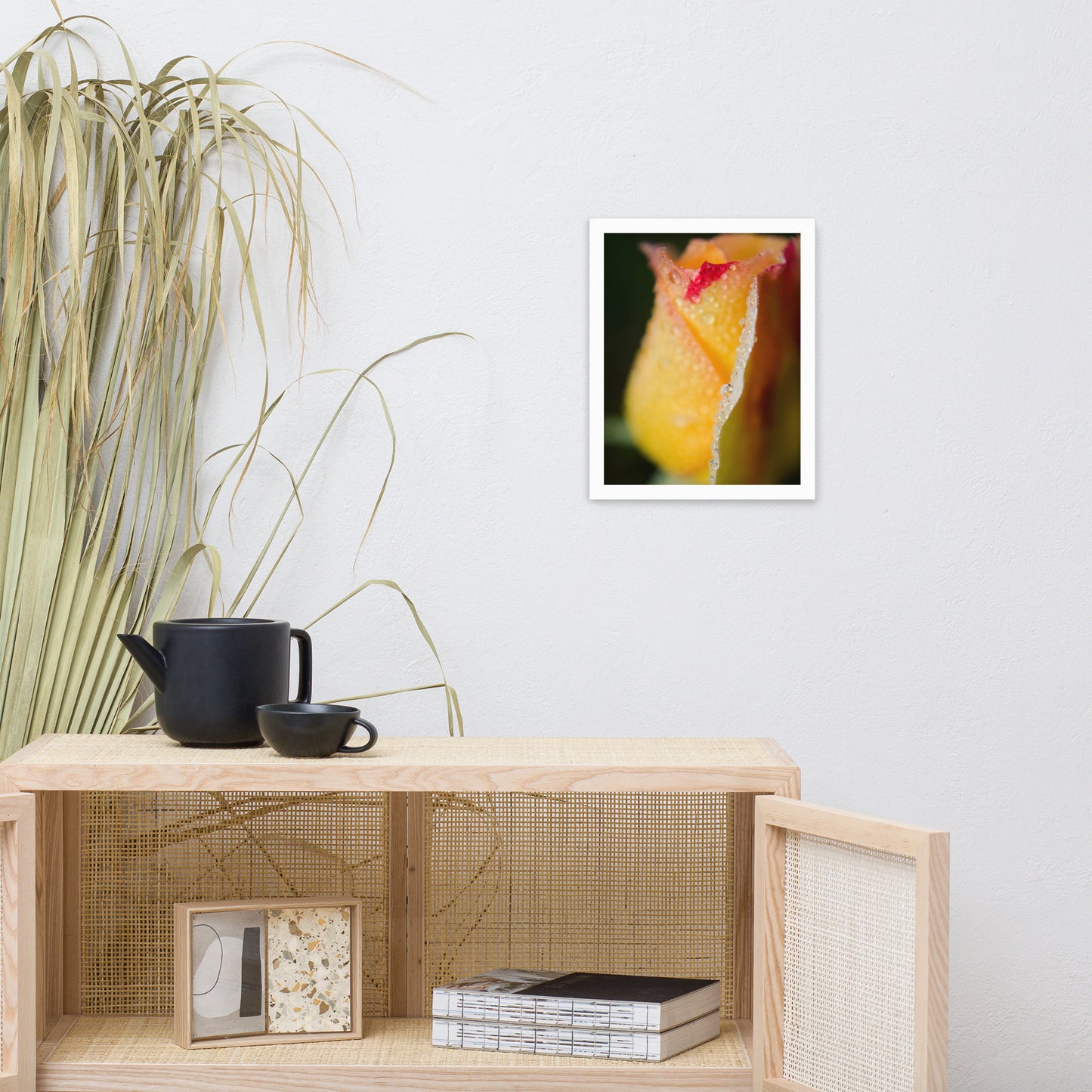 Dew on Yellow Rose Floral Nature Photo Framed Wall Art Print