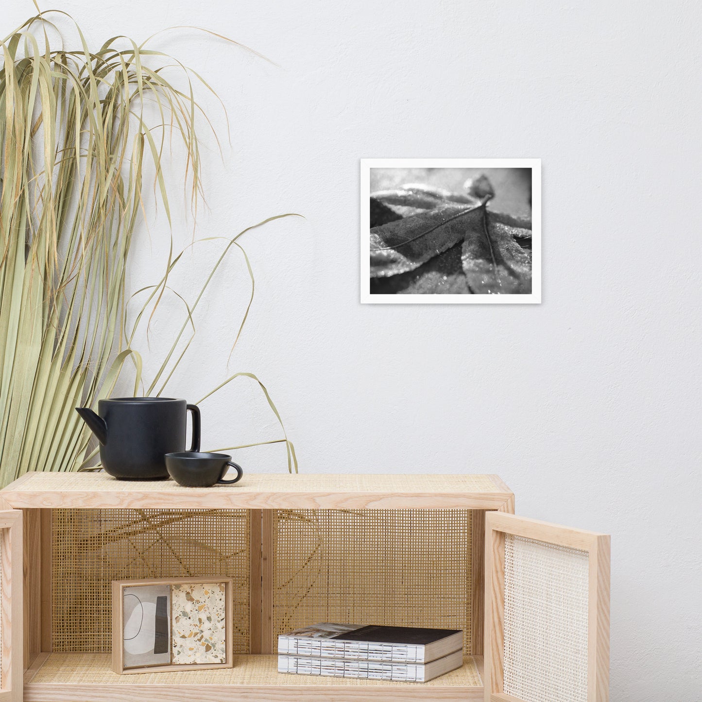 Frost Covered Leaf Black and White Botanical Nature Photo Framed Wall Art Print