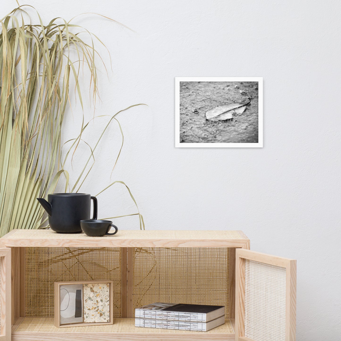 Fallen Leaf in The Rain Black and White Botanical Nature Photo Framed Wall Art Print