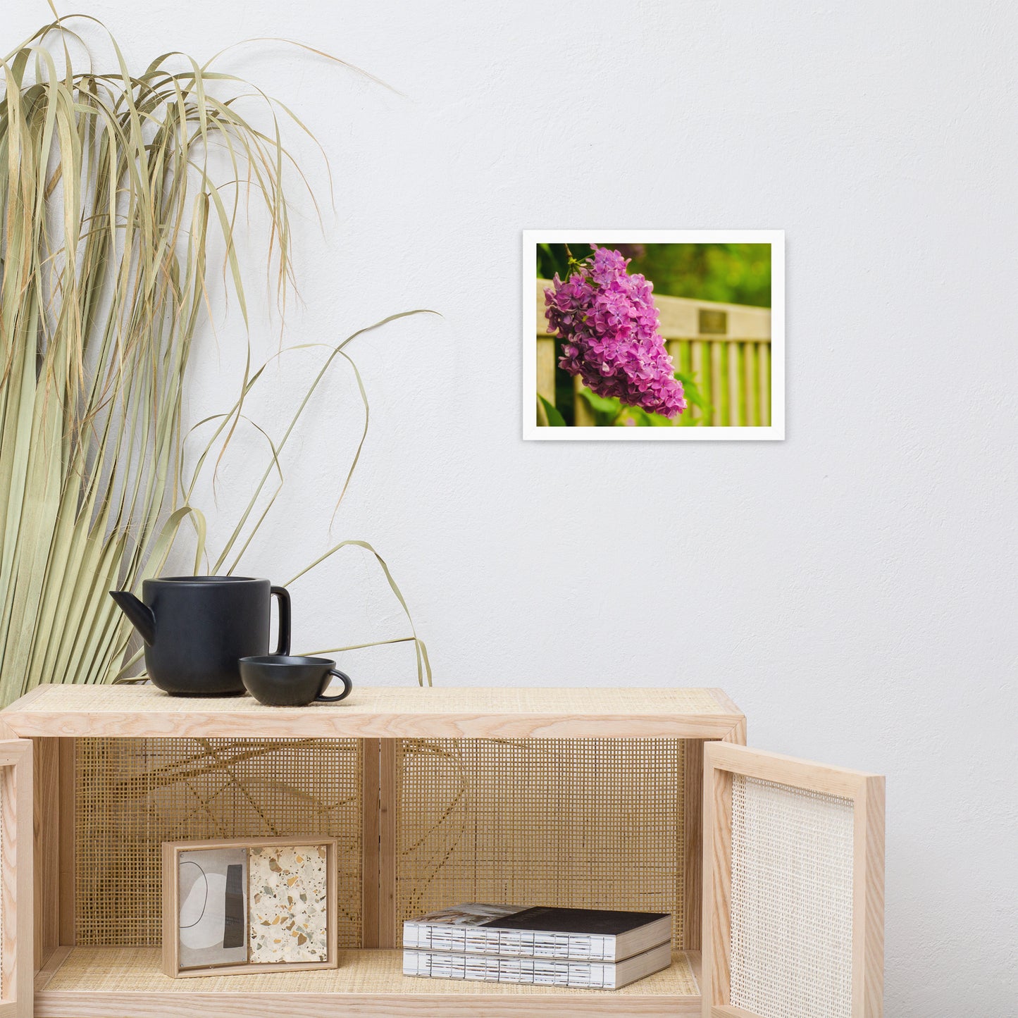Park Bench with Lilac Floral Nature Photo Framed Wall Art Print