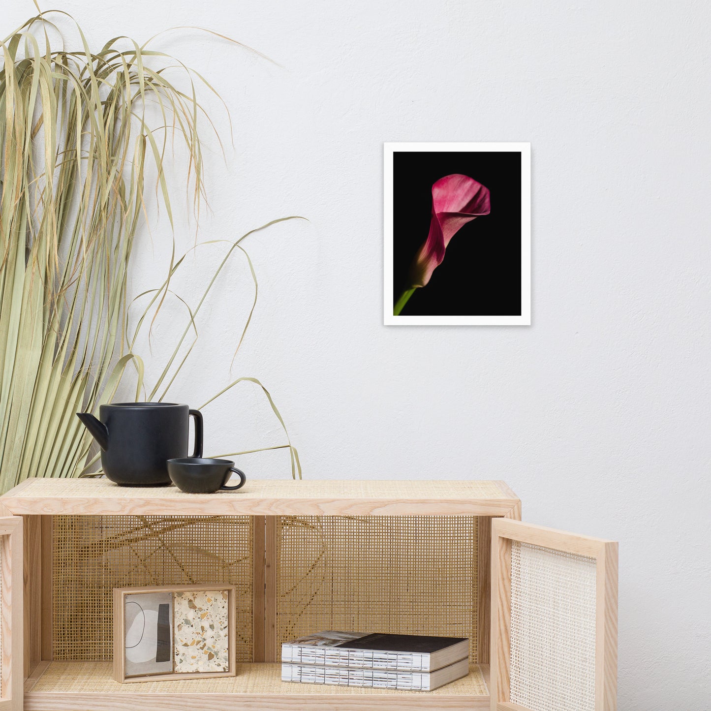 Pink Calla Lily Flower on Black Floral Nature Photo Framed Wall Art Print