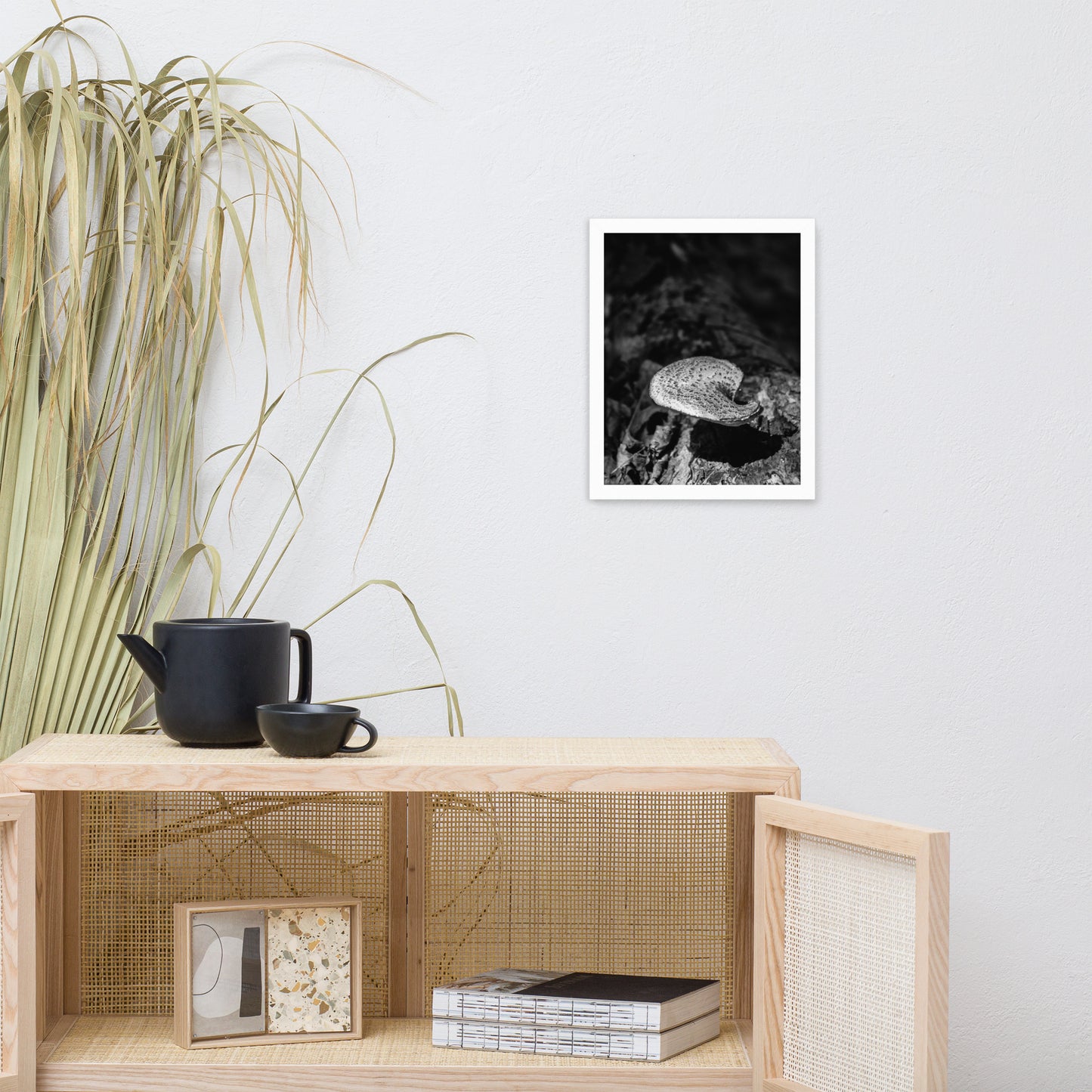 Hanging Botanical Wall Art: Mushroom on Log in Black & White Rustic / Country Style Nature Photo Framed Wall Art Print