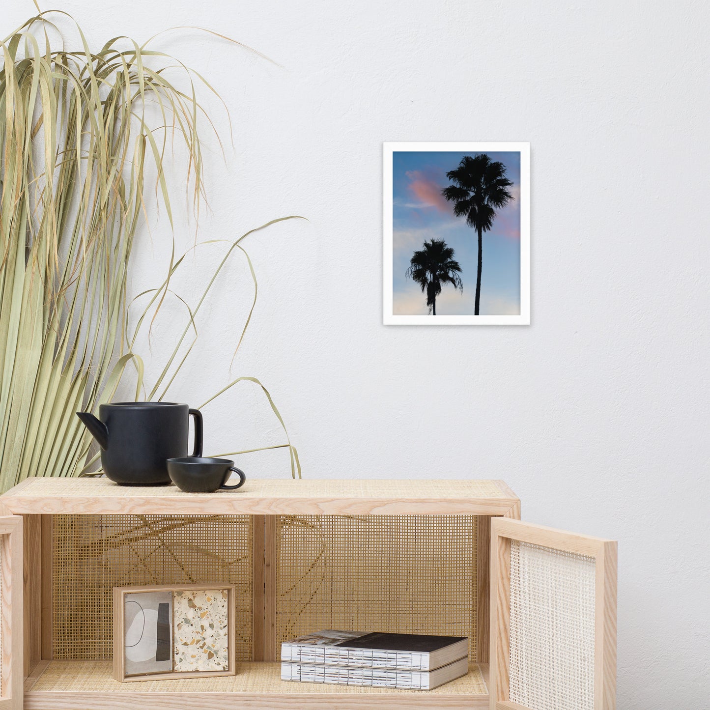 Palm Tree Silhouettes on Blue Sky Botanical Nature Photo Framed Wall Art Print