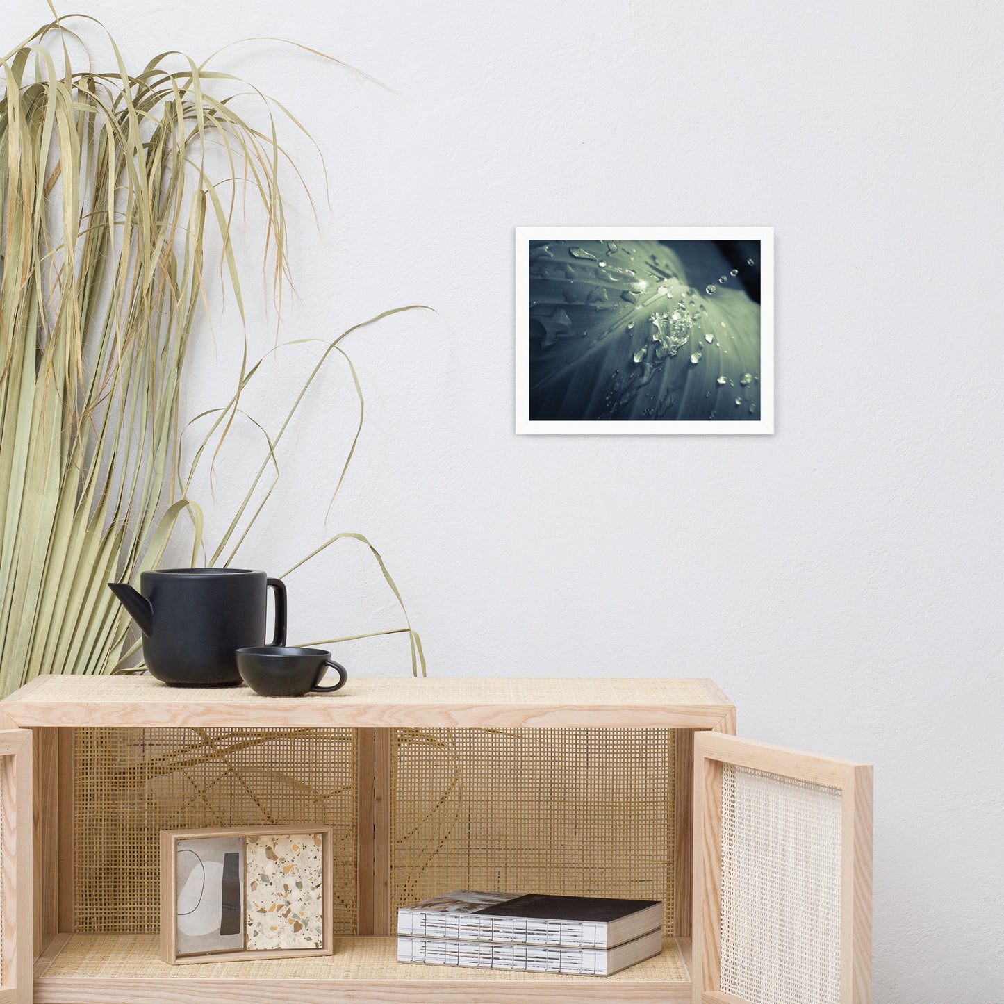 Rain Dropping on Canna Leaf Botanical Nature Photo Framed Wall Art Print