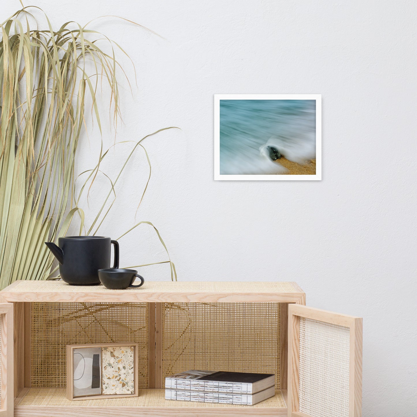 Whelk Seashell and Misty Wave Coastal Nature Photo Framed Wall Art Print
