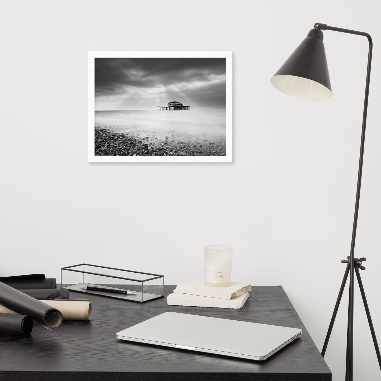 Business Office Artwork: Abandoned West Pier Coastal Seascape Landscape Black and White Photograph Framed Wall Art Print