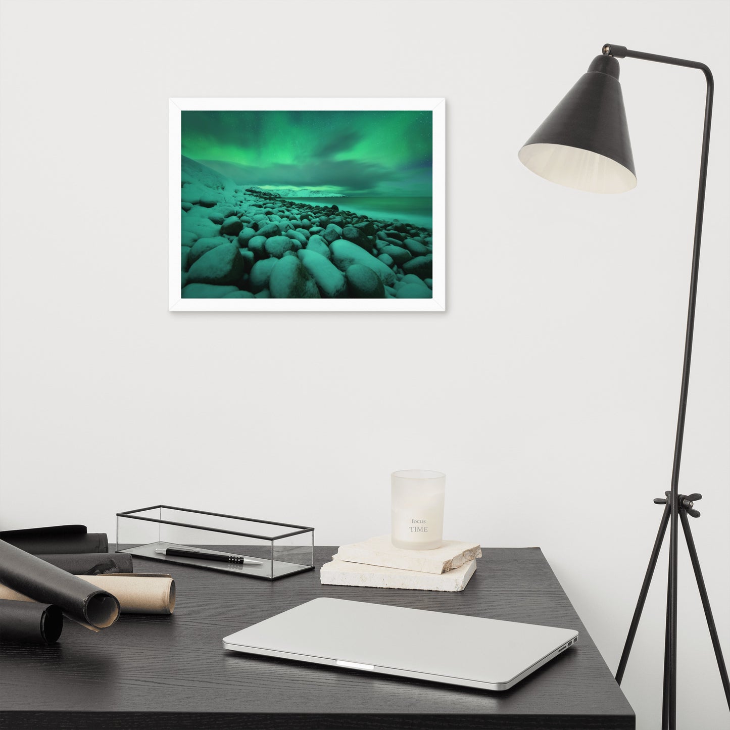 Wall Decor For Exercise Room: Aurora Borealis Over Ocean in Teriberka Night - Coastal / Beach / Seascape / Nature / Landscape Photo Framed Wall Art Print - Artwork