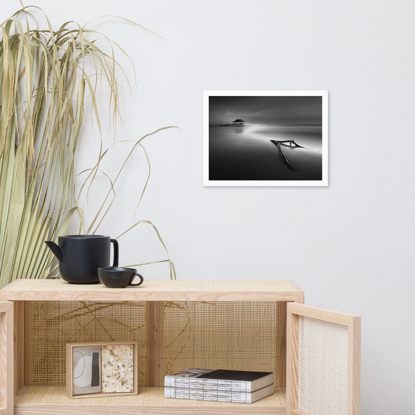 Dramatic Beach with Driftwood Black and White Framed Wall Art Prints