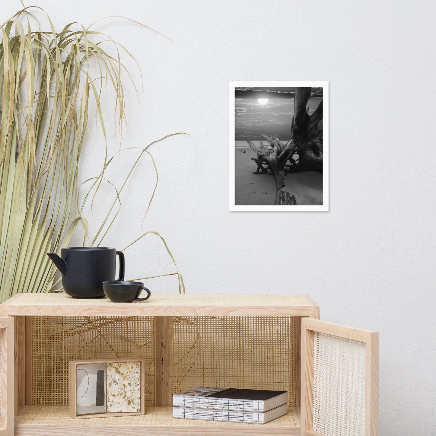 Dried Tree Roots and Sunrise 2 Black and White Landscape Photo Framed Wall Art Print