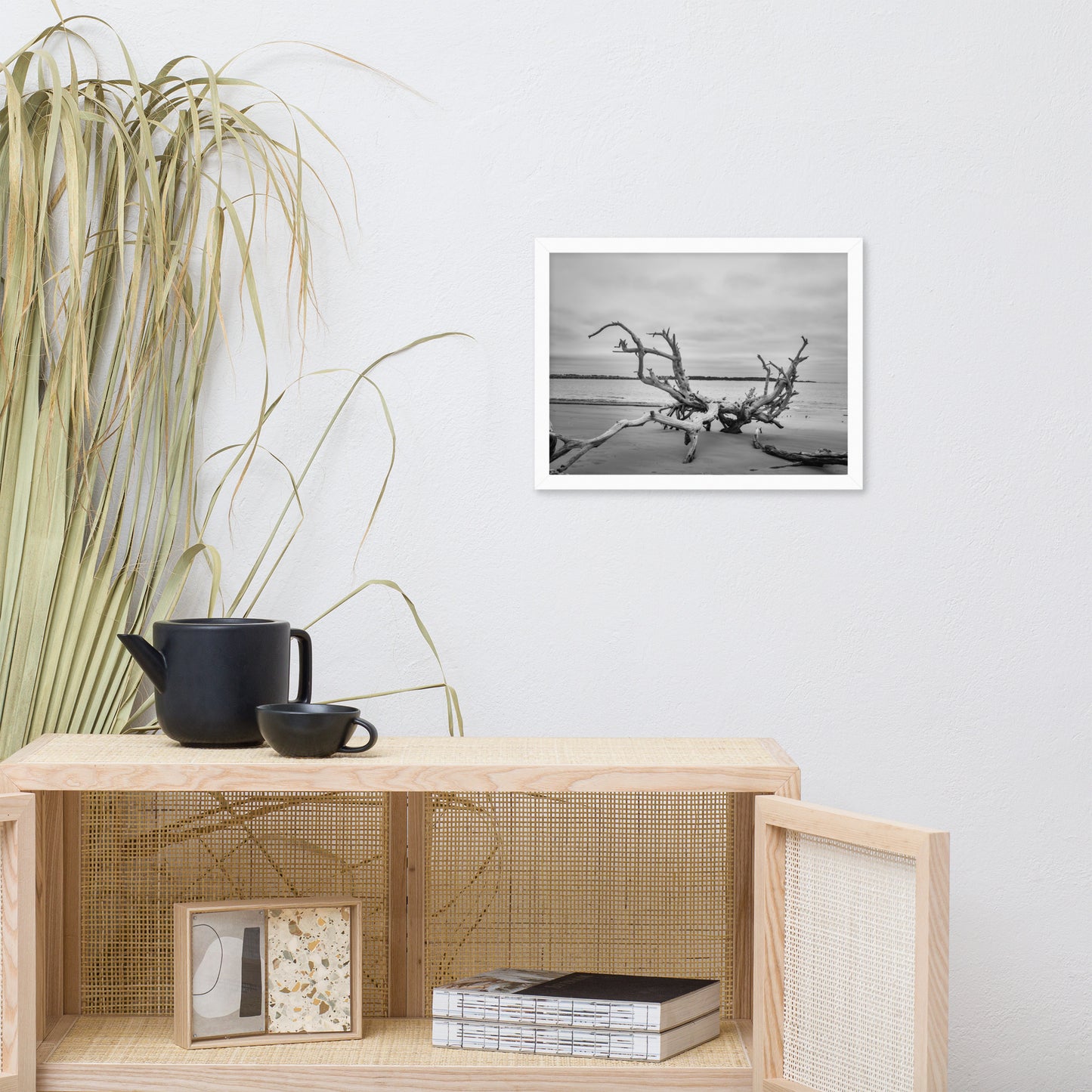 Driftwood on Boneyard Beach Florida 3 Black and White Rustic Coastal Landscape Photo Framed Wall Art Print